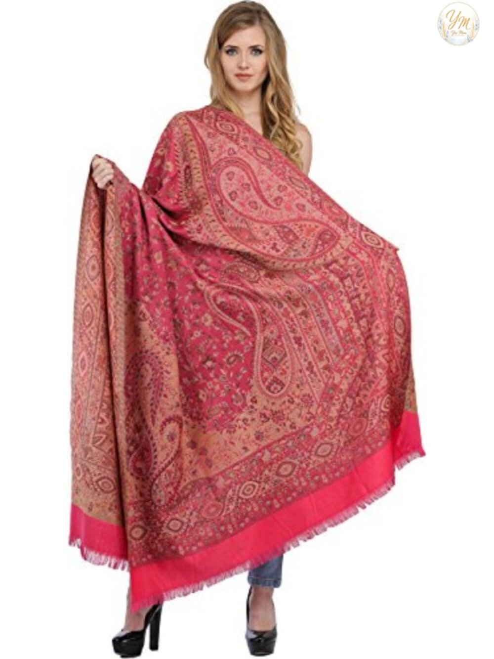Reversible Jamawar Shawl with Woven Paisleys - Women's Wrap